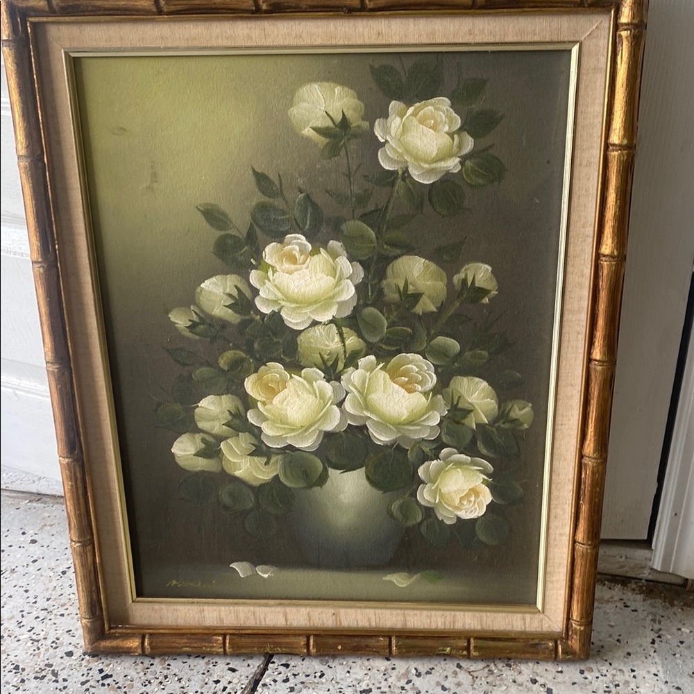 Floral Painting with Bamboo Frame